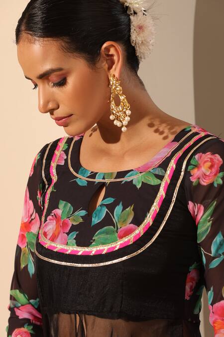 Pomcha Jaipur_Black Georgette, Organza Zari Round Neck Gul Gulaab Anarkali Lehenga Set _at_Aza_Fashions