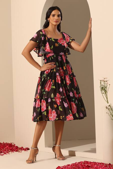 Pomcha Jaipur_Black Georgette, Cotton Square Neck Gul Gulaab Midi Dress _Online_at_Aza_Fashions