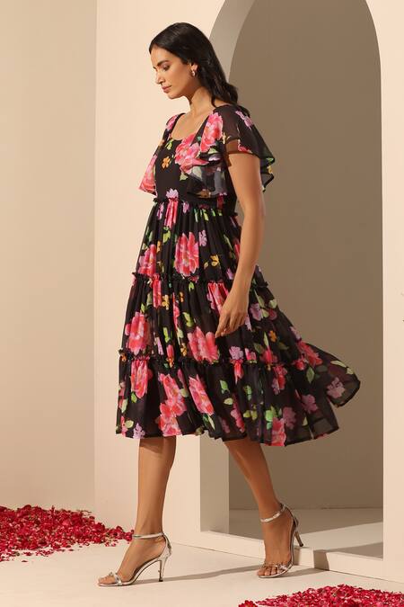 Buy_Pomcha Jaipur_Black Georgette, Cotton Square Neck Gul Gulaab Midi Dress _Online_at_Aza_Fashions