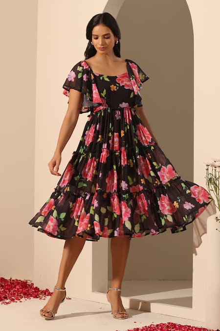 Shop_Pomcha Jaipur_Black Georgette, Cotton Square Neck Gul Gulaab Midi Dress _Online_at_Aza_Fashions