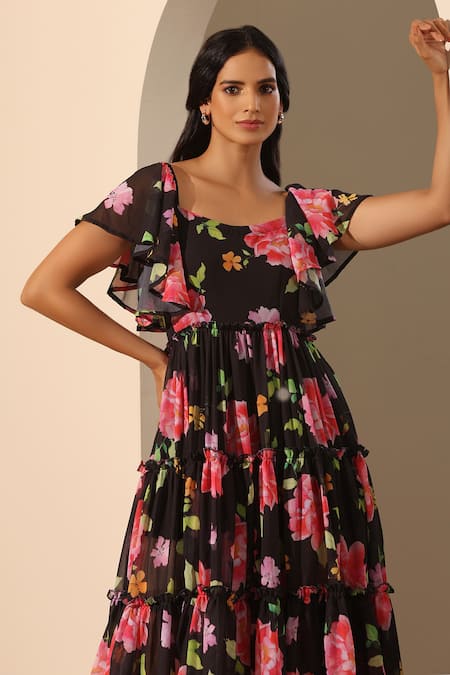 Pomcha Jaipur_Black Georgette, Cotton Square Neck Gul Gulaab Midi Dress _at_Aza_Fashions