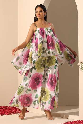Buy_Pomcha Jaipur_White Georgette Square Neck Gul Gulistan Floral Pattern Top And Pant Set _Online_at_Aza_Fashions