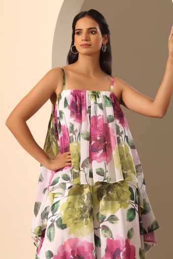Shop_Pomcha Jaipur_White Georgette Square Neck Gul Gulistan Floral Pattern Top And Pant Set _Online_at_Aza_Fashions