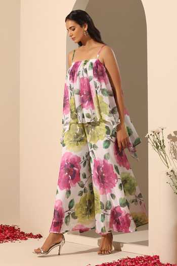 Pomcha Jaipur_White Georgette Square Neck Gul Gulistan Floral Pattern Top And Pant Set _at_Aza_Fashions