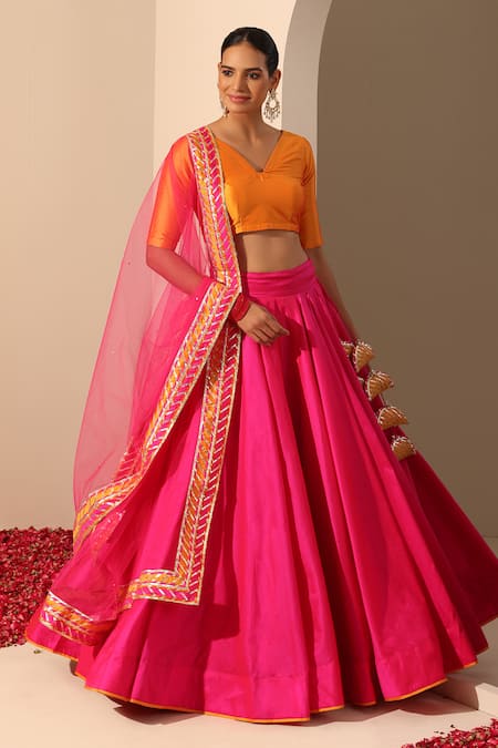 POMCHA JAIPUR Pink Lehenga And Blouse Tafetta Silk Embroidered Gota Lace V Gul Tasseled Set