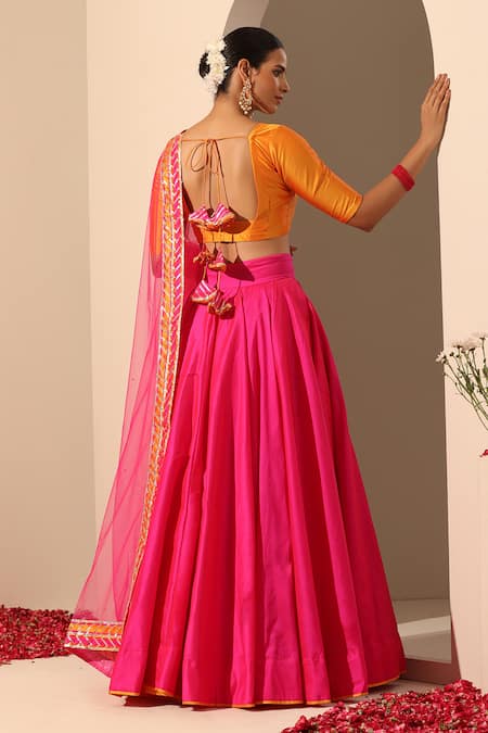 Shop_Pomcha Jaipur_Pink Taffeta, Net Gota Patti V-neck Gul Tasseled Lehenga Set _at_Aza_Fashions