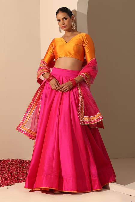 Shop_Pomcha Jaipur_Pink Taffeta, Net Gota Patti V-neck Gul Tasseled Lehenga Set _Online_at_Aza_Fashions