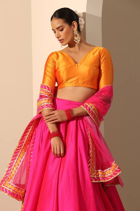 Pomcha Jaipur_Pink Taffeta, Net Gota Patti V-neck Gul Tasseled Lehenga Set _at_Aza_Fashions