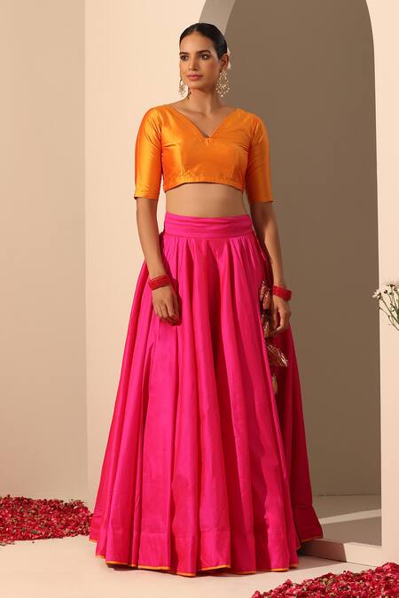 Shop_Pomcha Jaipur_Pink Taffeta, Net Gota Patti V-neck Gul Tasseled Lehenga Set 