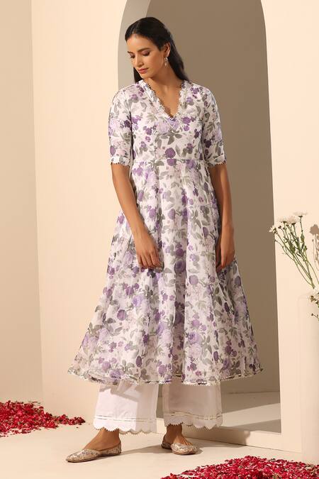 Pomcha Jaipur_White Organza, Cotton Embroidery Gul Jamini Floral Pattern Anarkali Pant Set _Online_at_Aza_Fashions