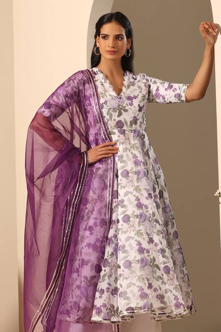 Buy_Pomcha Jaipur_White Organza, Cotton Embroidery Gul Jamini Floral Pattern Anarkali Pant Set _Online_at_Aza_Fashions