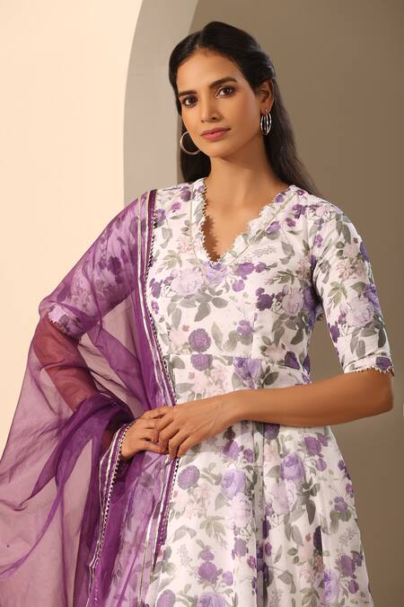 Shop_Pomcha Jaipur_White Organza, Cotton Embroidery Gul Jamini Floral Pattern Anarkali Pant Set _Online_at_Aza_Fashions