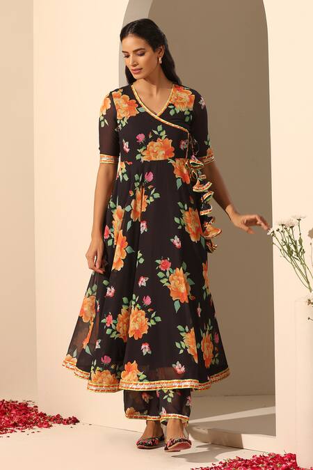 Pomcha Jaipur_Black Georgette Embroidery, Gota Patti V-neck Gul Narangi Angarkha Pant Set _Online_at_Aza_Fashions