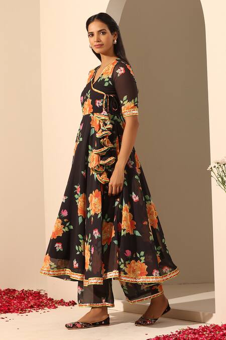Buy_Pomcha Jaipur_Black Georgette Embroidery, Gota Patti V-neck Gul Narangi Angarkha Pant Set _Online_at_Aza_Fashions