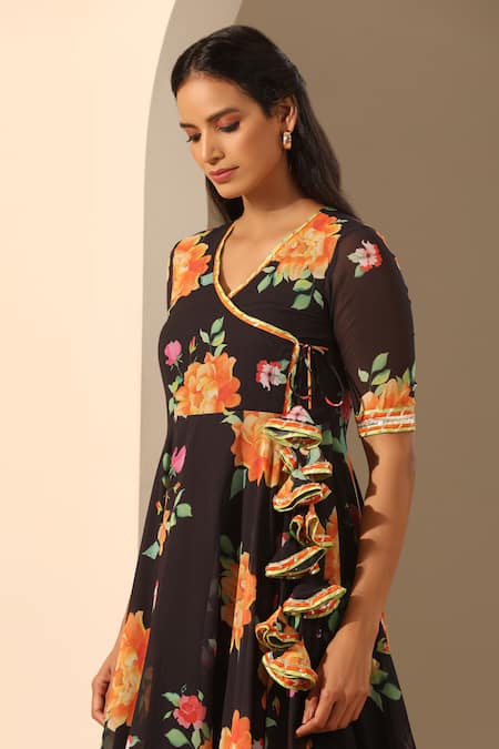 Shop_Pomcha Jaipur_Black Georgette Embroidery, Gota Patti V-neck Gul Narangi Angarkha Pant Set _Online_at_Aza_Fashions