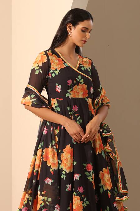 Pomcha Jaipur_Black Georgette Embroidery, Gota Patti V-neck Gul Narangi Angarkha Pant Set _at_Aza_Fashions