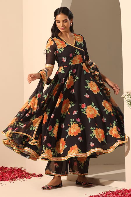 Buy_Pomcha Jaipur_Black Georgette Embroidery, Gota Patti V-neck Gul Narangi Angarkha Pant Set 