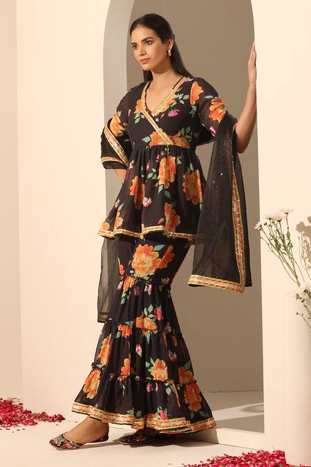 Shop_Pomcha Jaipur_Black Georgette Gota Patti V-neck Floral Pattern Peplum Tunic And Sharara Set _Online_at_Aza_Fashions