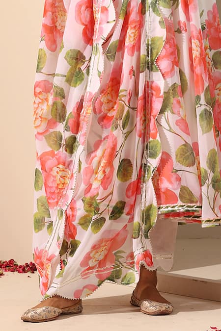 Shop_Pomcha Jaipur_White Georgette, Cotton Embroidery V-neck Gul Noor Floral Pattern Anarkali Set _Online_at_Aza_Fashions