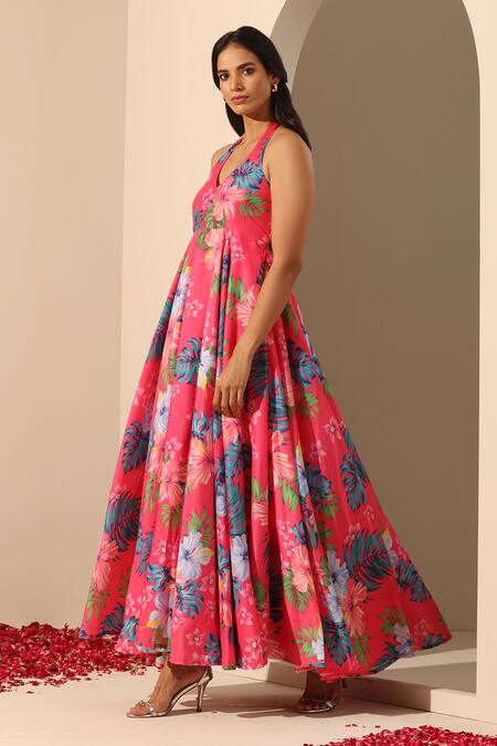 Buy_Pomcha Jaipur_Pink Muslin, Cotton Halter Neck Gul Qudrat Botanic Pattern Dress _Online_at_Aza_Fashions