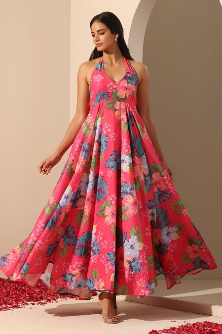 Shop_Pomcha Jaipur_Pink Muslin, Cotton Halter Neck Gul Qudrat Botanic Pattern Dress _Online_at_Aza_Fashions