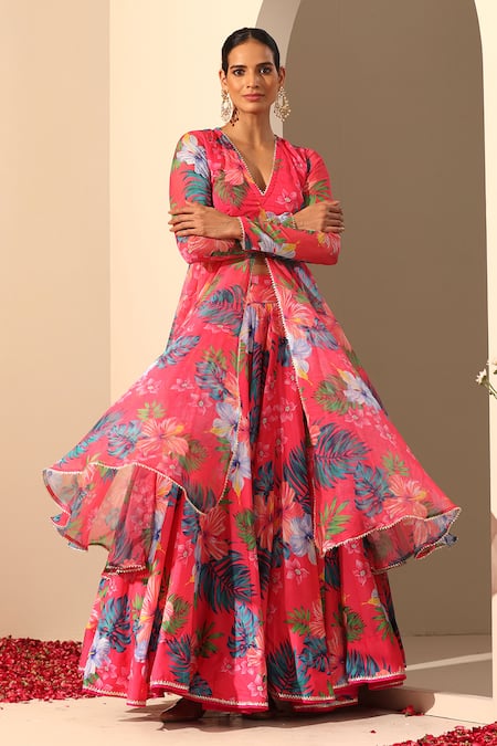 Pomcha Jaipur_Pink Chiffon, Muslin, Cotton Gul Qudrat Botanic Pattern Anarkali Lehenga Set _Online_at_Aza_Fashions