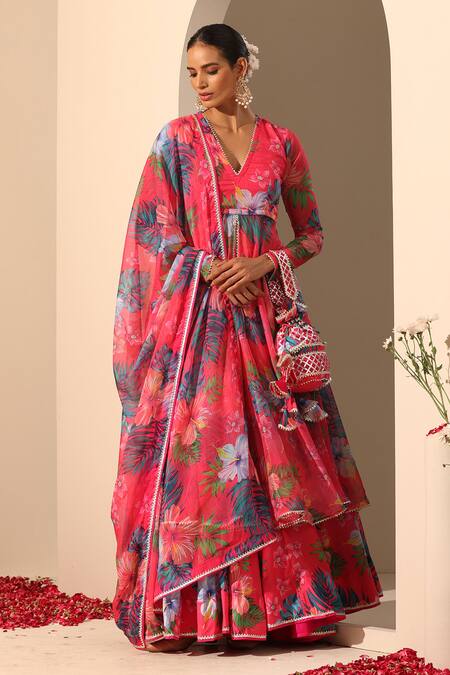 Buy_Pomcha Jaipur_Pink Chiffon, Muslin, Cotton Gul Qudrat Botanic Pattern Anarkali Lehenga Set _Online_at_Aza_Fashions