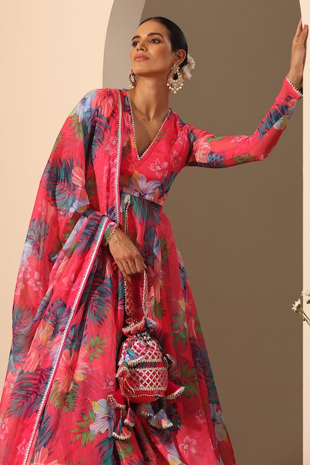 Shop_Pomcha Jaipur_Pink Chiffon, Muslin, Cotton Gul Qudrat Botanic Pattern Anarkali Lehenga Set _Online_at_Aza_Fashions