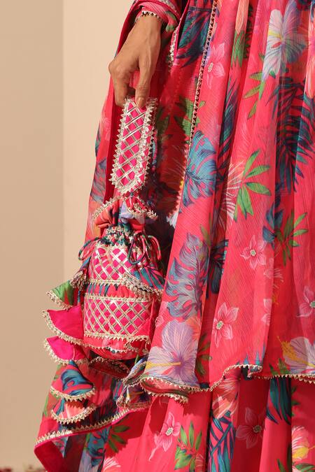 Pomcha Jaipur_Pink Chiffon, Muslin, Cotton Gul Qudrat Botanic Pattern Anarkali Lehenga Set _at_Aza_Fashions