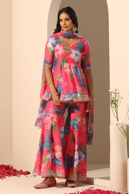 POMCHA JAIPUR Gul Qudrat Botanic Pattern Peplum Tunic Sharara Set 