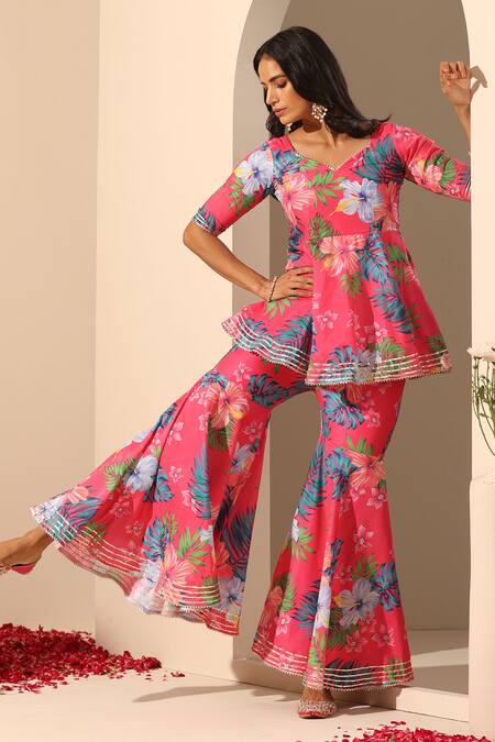 Pomcha Jaipur_Pink Muslin, Chiffon Gul Qudrat Botanic Pattern Peplum Tunic Sharara Set _Online_at_Aza_Fashions