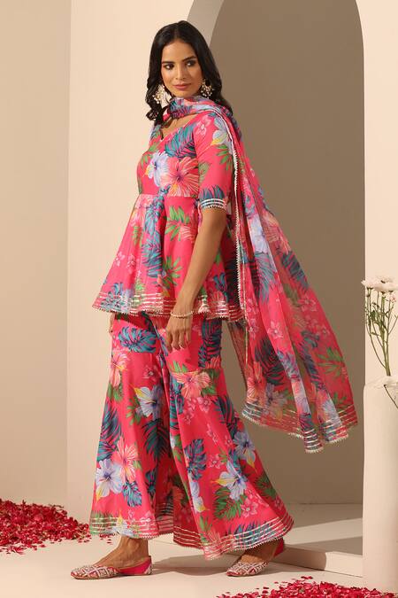 Shop_Pomcha Jaipur_Pink Muslin, Chiffon Gul Qudrat Botanic Pattern Peplum Tunic Sharara Set _Online_at_Aza_Fashions