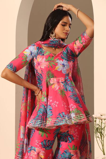 Pomcha Jaipur_Pink Muslin, Chiffon Gul Qudrat Botanic Pattern Peplum Tunic Sharara Set _at_Aza_Fashions
