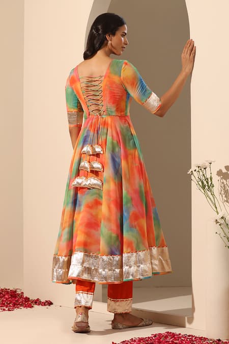 Pomcha Jaipur_Orange Georgette Embroidery Round Neck Gul Rangbirangi Anarkali Pant Set _Online_at_Aza_Fashions