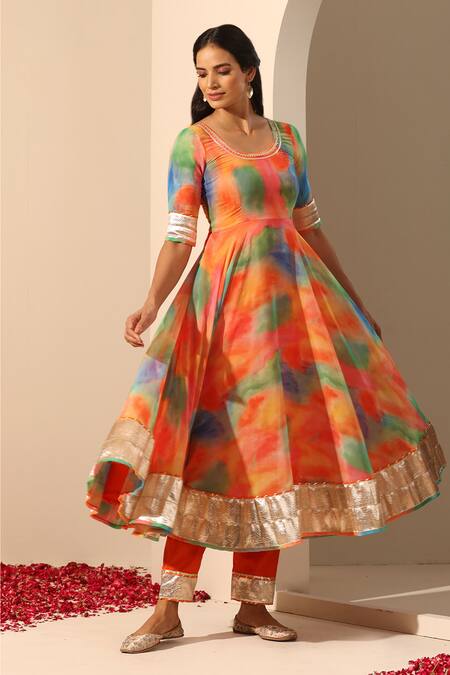 Buy_Pomcha Jaipur_Orange Georgette Embroidery Round Neck Gul Rangbirangi Anarkali Pant Set _Online_at_Aza_Fashions