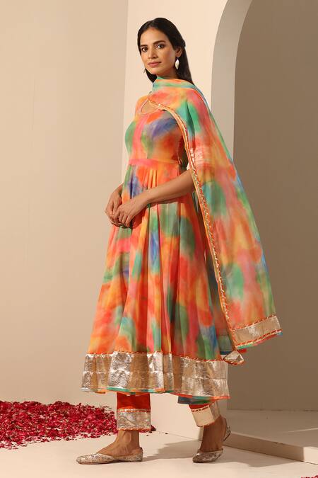 Shop_Pomcha Jaipur_Orange Georgette Embroidery Round Neck Gul Rangbirangi Anarkali Pant Set _Online_at_Aza_Fashions