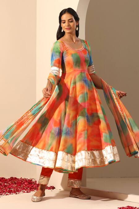 Pomcha Jaipur_Orange Georgette Embroidery Round Neck Gul Rangbirangi Anarkali Pant Set _at_Aza_Fashions