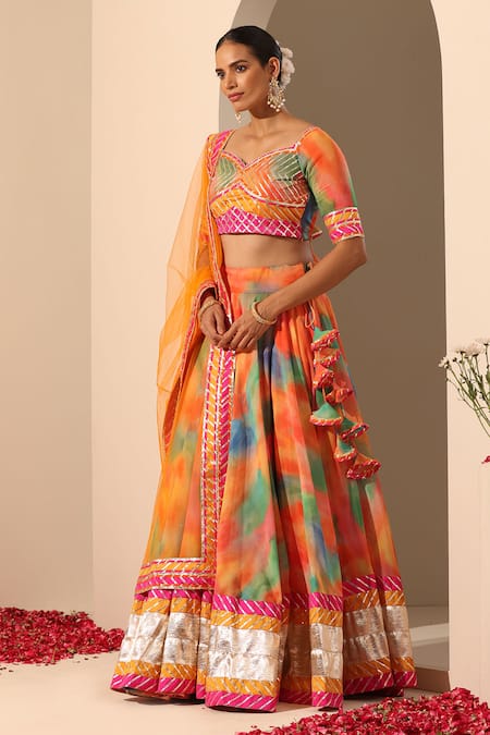 Pomcha Jaipur_Orange Georgette, Net Tassels, Gota Patti Sweetheart Gul Rangbirangi Lehenga Set _Online_at_Aza_Fashions