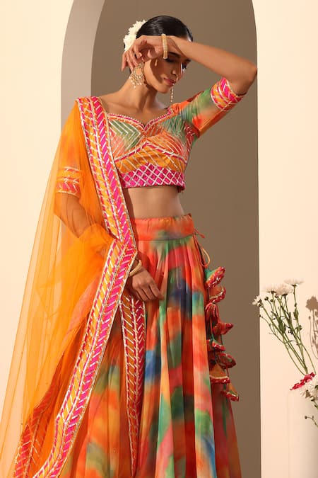 Buy_Pomcha Jaipur_Orange Georgette, Net Tassels, Gota Patti Sweetheart Gul Rangbirangi Lehenga Set _Online_at_Aza_Fashions