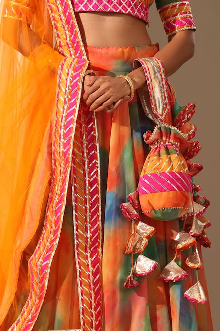 Shop_Pomcha Jaipur_Orange Georgette, Net Tassels, Gota Patti Sweetheart Gul Rangbirangi Lehenga Set _Online_at_Aza_Fashions