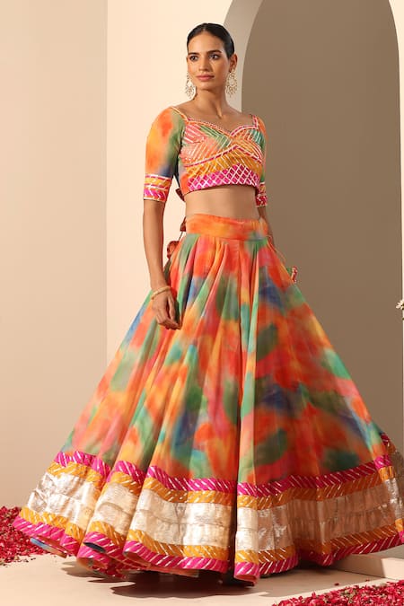 Pomcha Jaipur_Orange Georgette, Net Tassels, Gota Patti Sweetheart Gul Rangbirangi Lehenga Set _at_Aza_Fashions