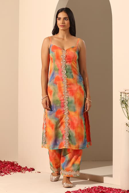 Pomcha Jaipur_Orange Georgette Lace, Sequins Sweetheart Gul Rangbirangi Straight Kurta Set _Online_at_Aza_Fashions