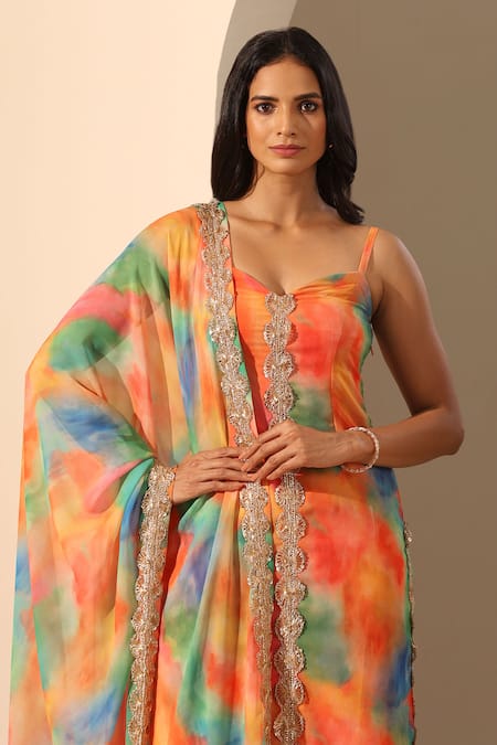 Shop_Pomcha Jaipur_Orange Georgette Lace, Sequins Sweetheart Gul Rangbirangi Straight Kurta Set _Online_at_Aza_Fashions