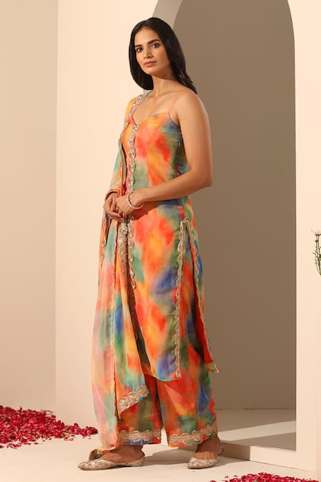 Pomcha Jaipur_Orange Georgette Lace, Sequins Sweetheart Gul Rangbirangi Straight Kurta Set _at_Aza_Fashions