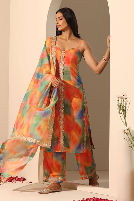 Buy_Pomcha Jaipur_Orange Georgette Lace, Sequins Sweetheart Gul Rangbirangi Straight Kurta Set 