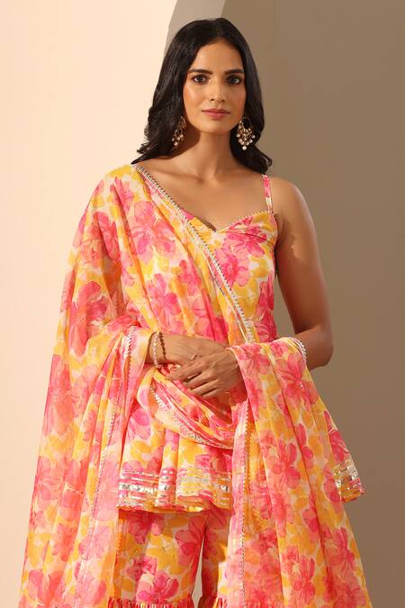 Shop_Pomcha Jaipur_Yellow Muslin, Chiffon Gul Rangrez Floral Pattern Peplum Tunic Sharara Set _Online_at_Aza_Fashions