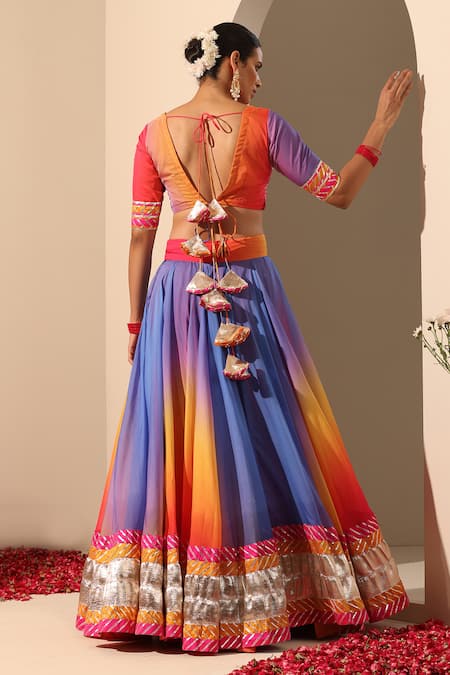 Pomcha Jaipur_Multi Color Organza, Net Gota Patti V-neck Gul Rangriti Lehenga Set _Online_at_Aza_Fashions