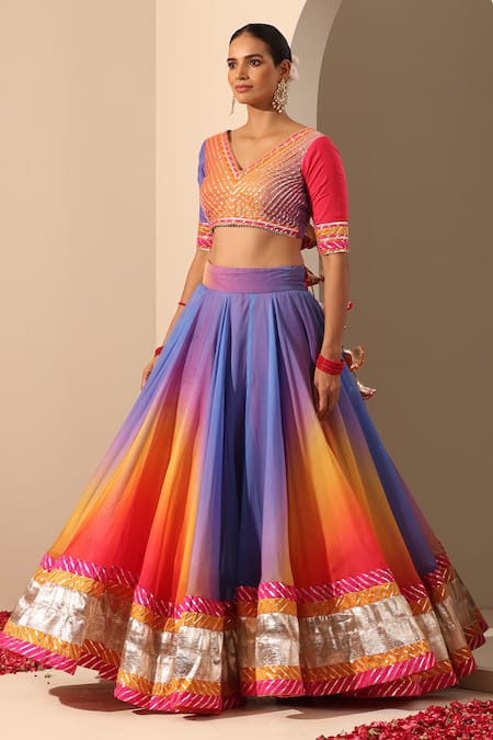 Buy_Pomcha Jaipur_Multi Color Organza, Net Gota Patti V-neck Gul Rangriti Lehenga Set _Online_at_Aza_Fashions