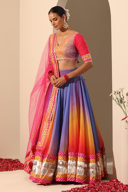 Shop_Pomcha Jaipur_Multi Color Organza, Net Gota Patti V-neck Gul Rangriti Lehenga Set _Online_at_Aza_Fashions