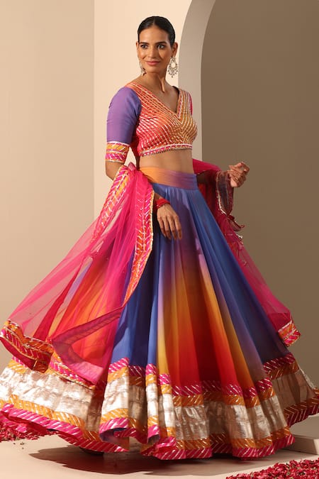 Pomcha Jaipur_Multi Color Organza, Net Gota Patti V-neck Gul Rangriti Lehenga Set _at_Aza_Fashions